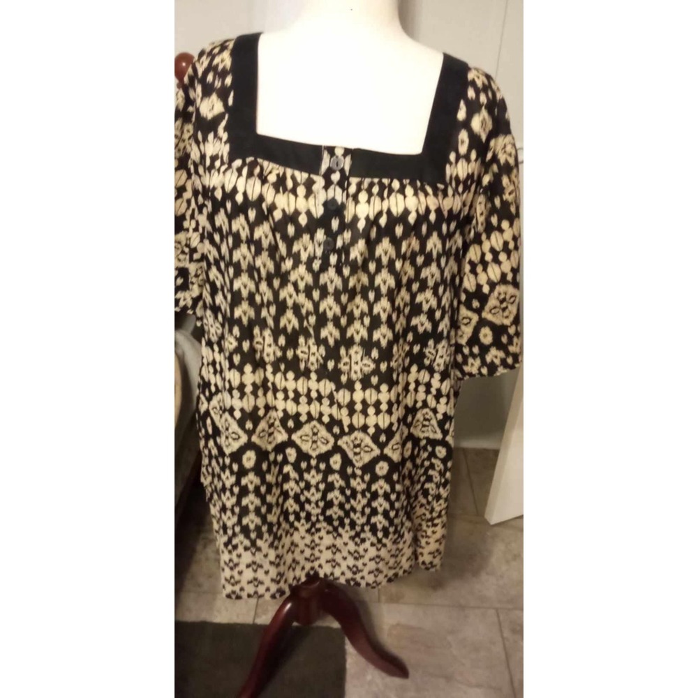 Liz & Me Womens Plus 5X Black Tan Ikat Print Square Neck Cotton Tunic Blouse
